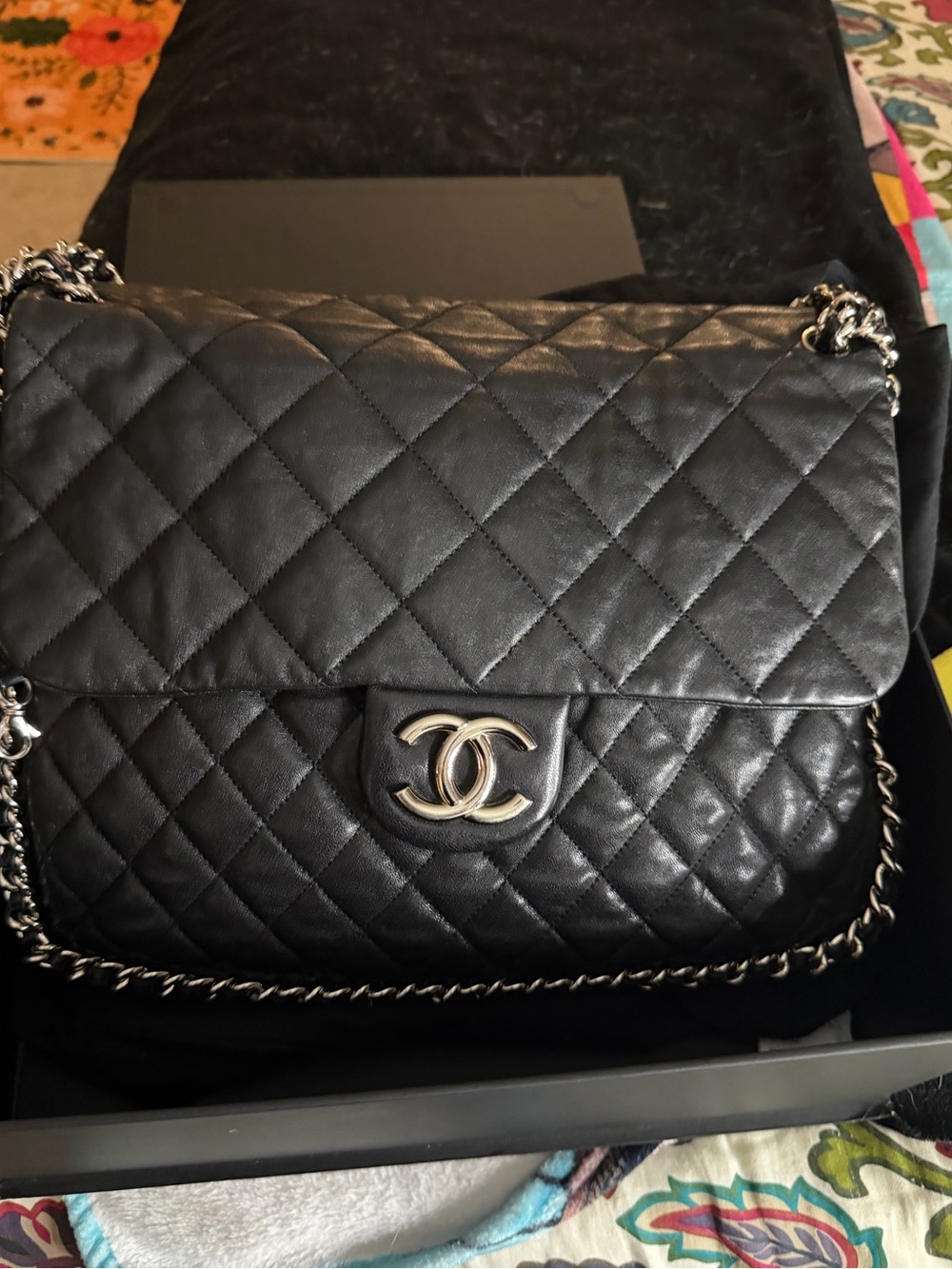 Authentic Chanel Maxi Black Quilted Chain-Around Flap Shoulder Bag